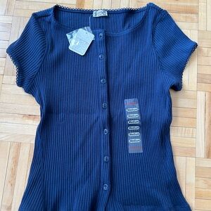 Free People Navy Button-Up Ribbed Top